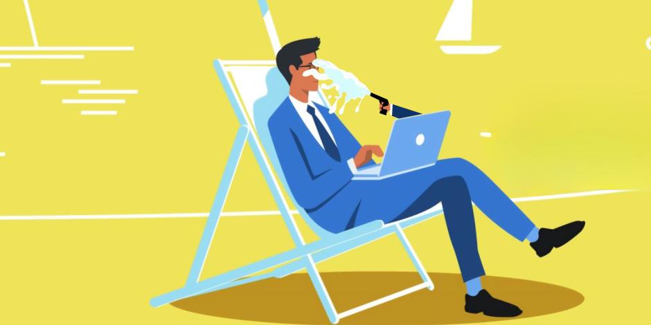 business man sitting on a beach chair with his laptop, being squirted in the face by a squirt gun reaching out of his laptop screen