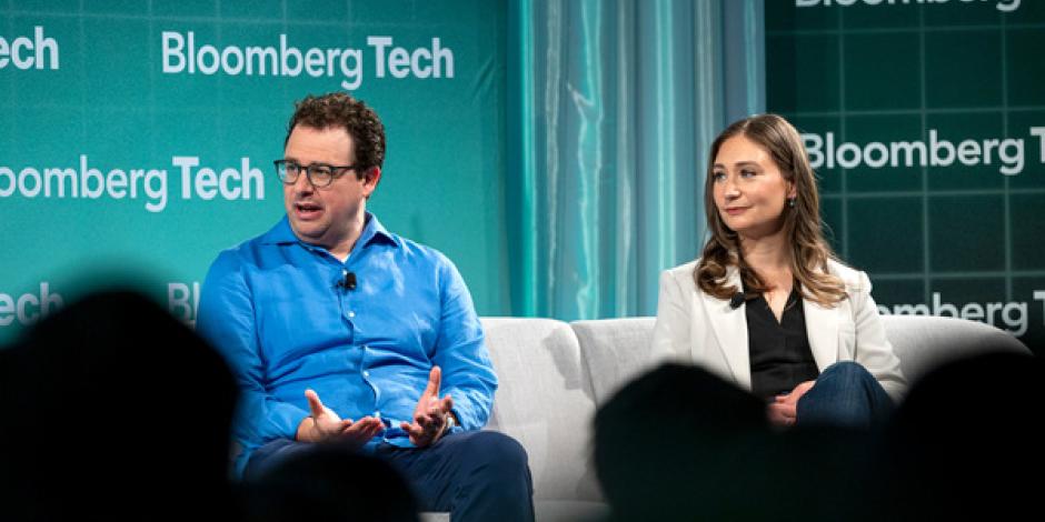 Dario Amodei, co-founder and chief executive officer of Anthropic, left, and Daniela Amodei, co-founder and president of Anthropic, during the Bloomberg Technology Summit in San Francisco