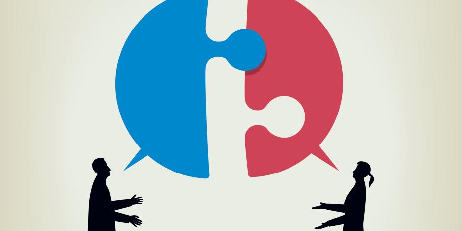 a woman and a man speaking with each other and their dialogue boxes are puzzle pieces which do not fit