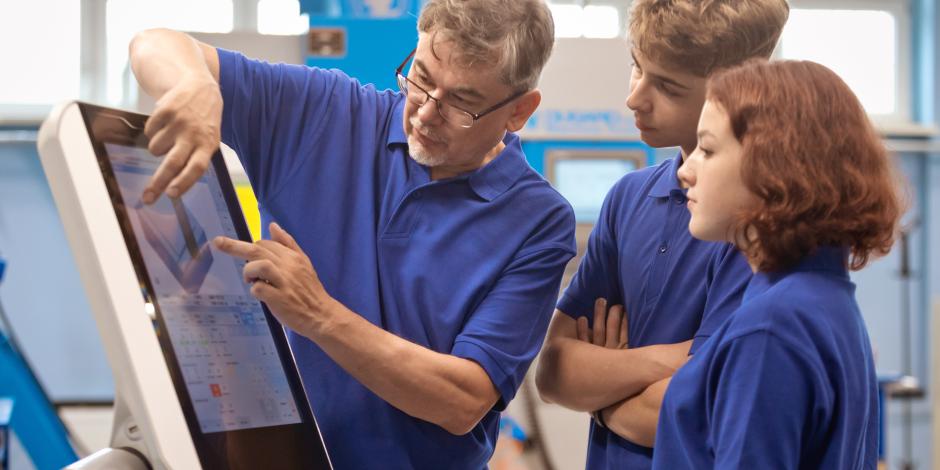 A teacher explains to two students, Gen Z trainees, how to operate a CNC machine.