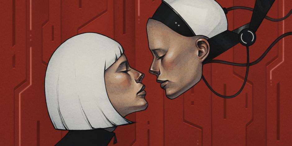 A woman face to face with her AI likeness
