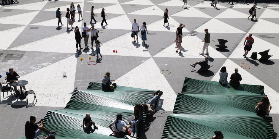 Benches at the Sergels Torg public square in Stockholm, Sweden on July 5, 2023. 