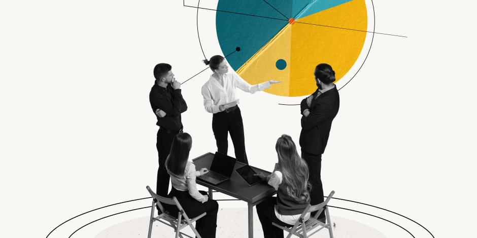 A person presents to several other coworkers