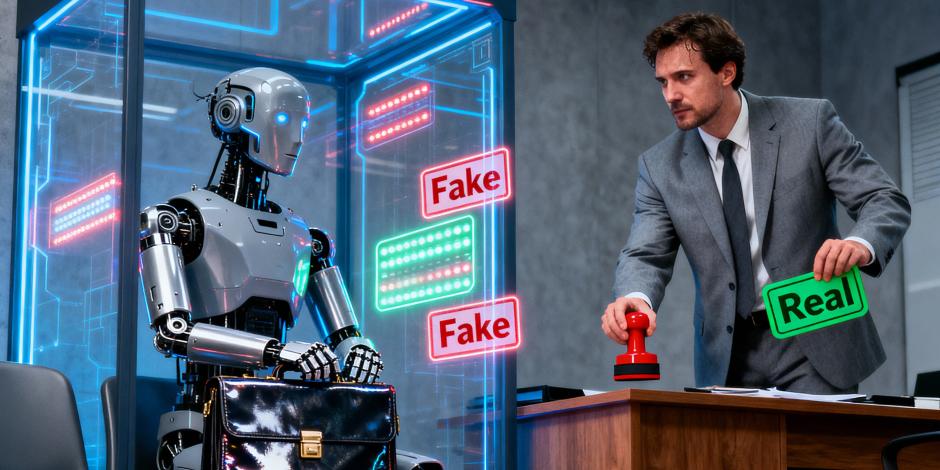 A robot sitting down for an interview with HR