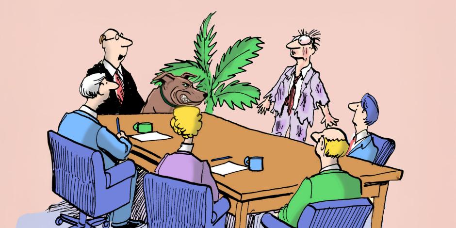 An office meeting where everyone is staring at a colleague that looks like they have been through a lot