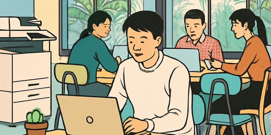 man working at a desk surrounded by other colleagues in a shared office space