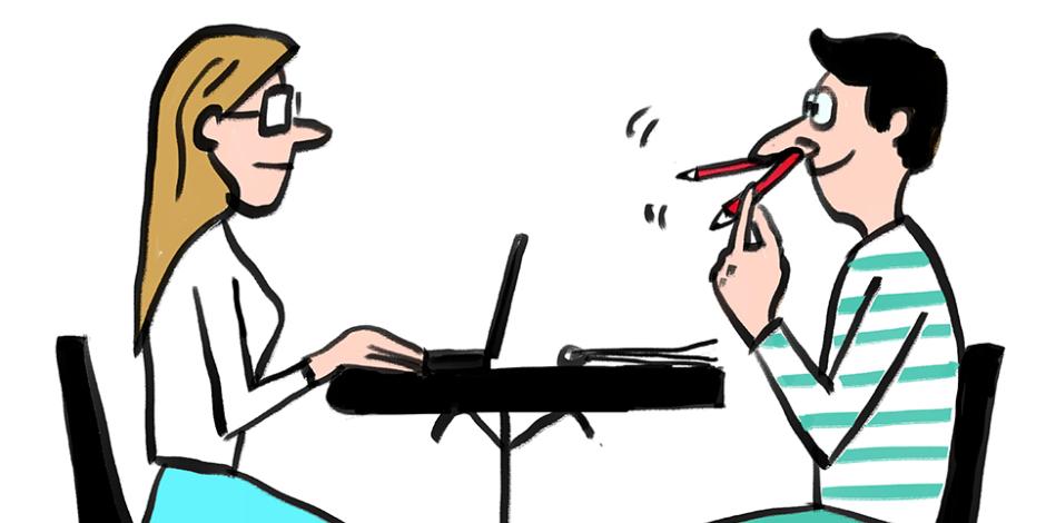 Cartoon of two coworkers sitting across from one another, one sitting up straight and looking professional, the other making a fool of himself