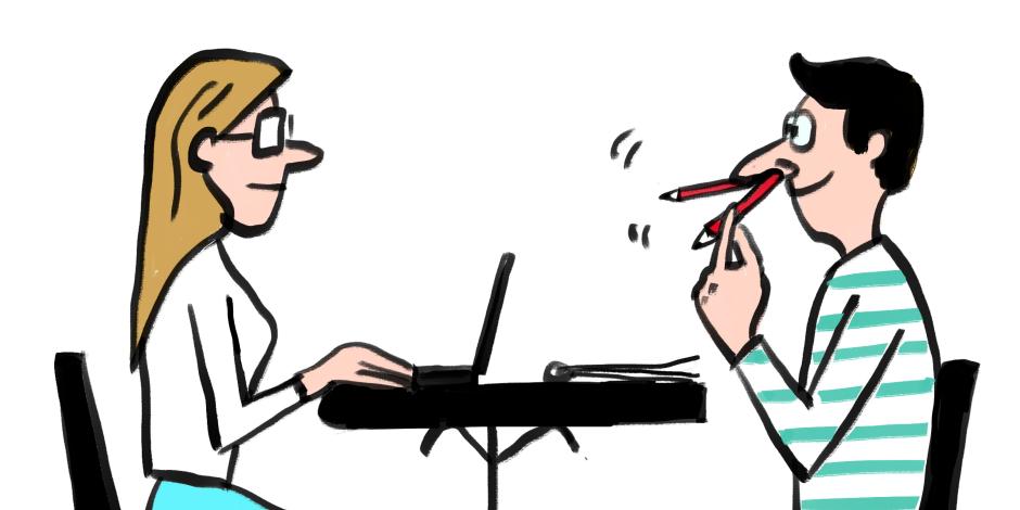 Cartoon of two coworkers sitting across from one another, one sitting up straight and looking professional, the other making a fool of himself