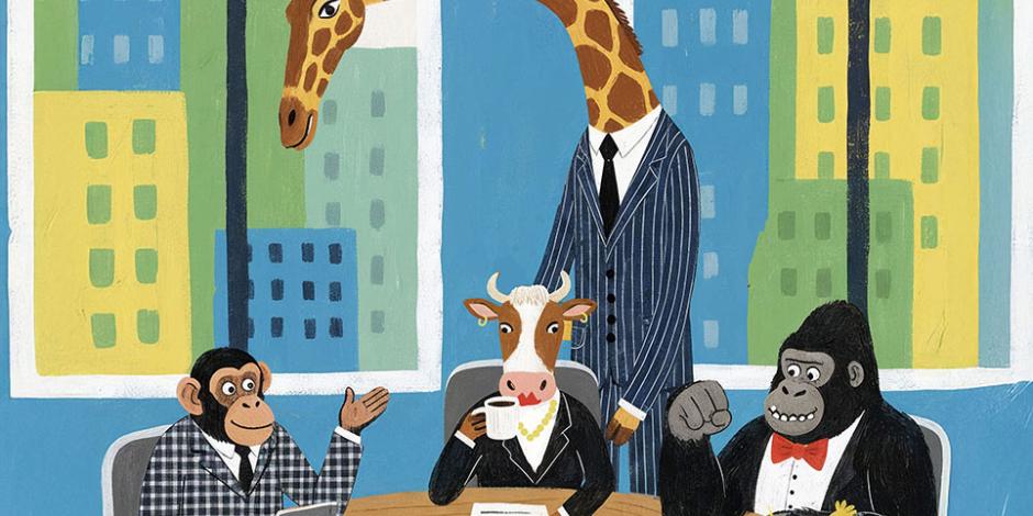 A meeting at the office between many different animals in business attire