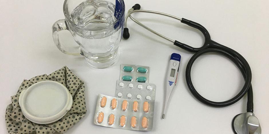 A table full of typical items used by those that are ill