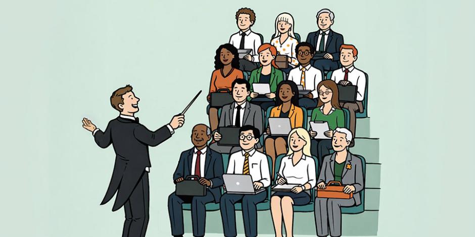  An orchestra conductor stands in front of a business meeting, ready to direct