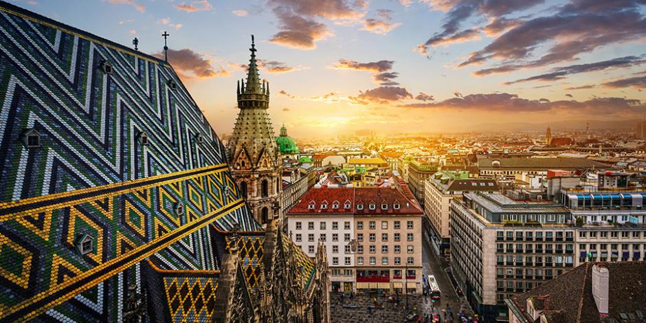View of Vienna from the roof of St. Stephen's Cathedral, Vienna, Austria. St. Stephen's Cathedral is a symbol and landmark of the city of Vienna.