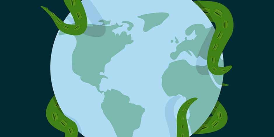 Octopus tentacles wrapped around planet Earth