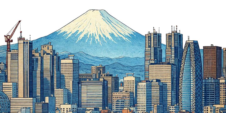 Drawing of Tokyo skyline with Mt. Fuji in background
