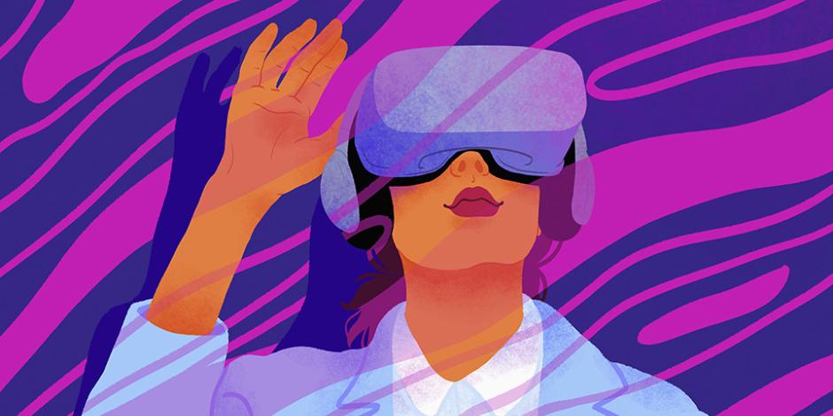 Drawing of a curious businesswoman using a VR headset