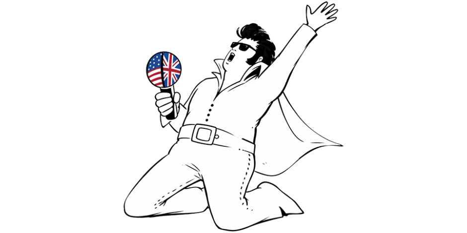 A drawing of Elvis on his knees, singing loudly into a microphone decorated in the US and British flags