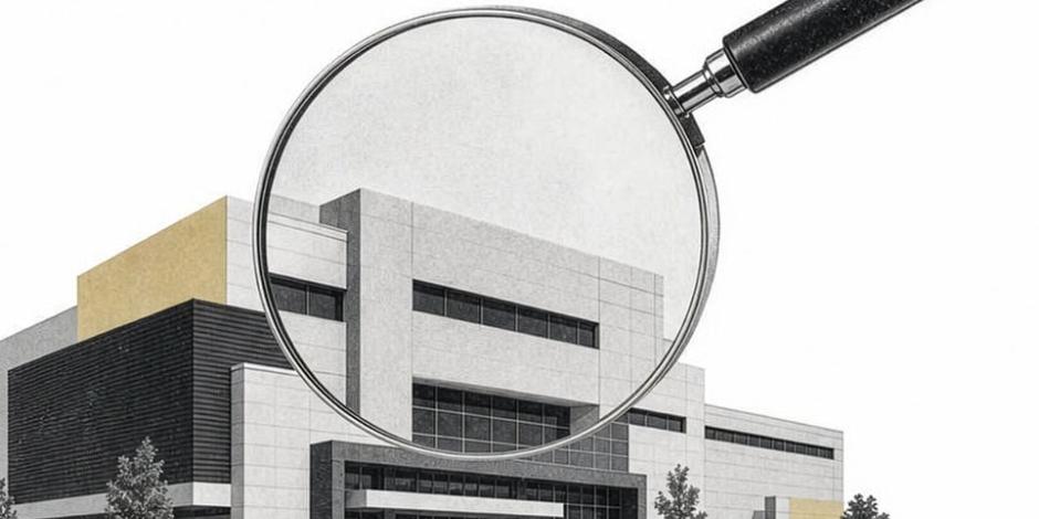 An illustration of a magnifying glass focused in on an office building