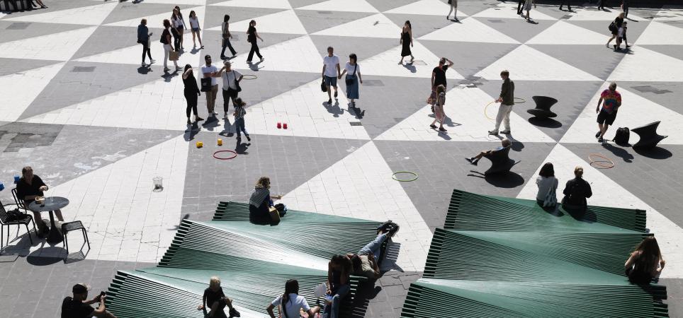Benches at the Sergels Torg public square in Stockholm, Sweden on July 5, 2023. 