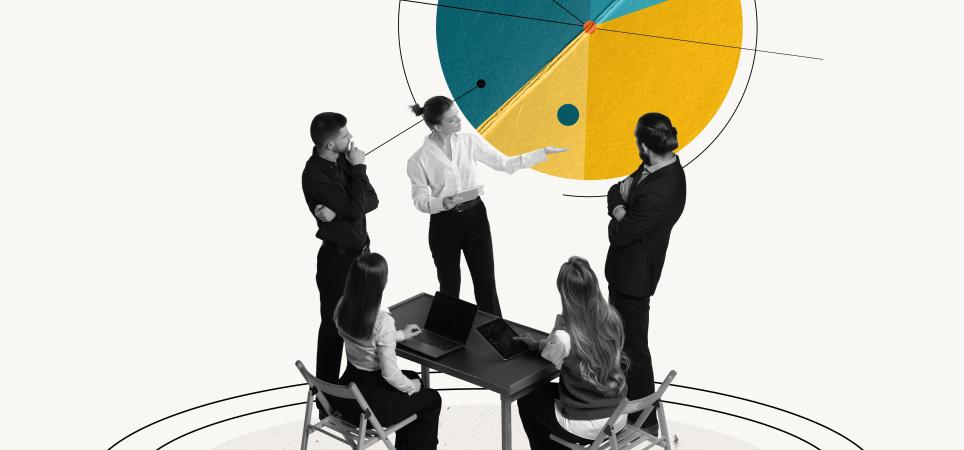 A person presents to several other coworkers