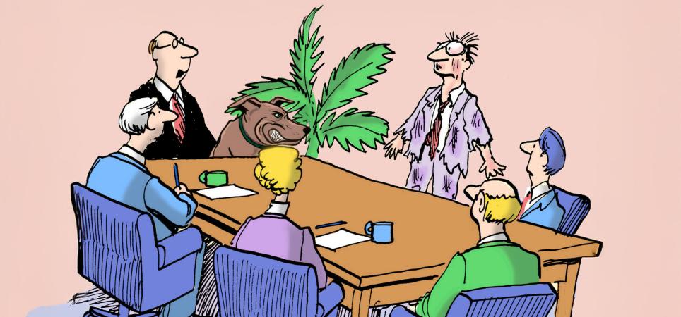 Alamy Stock Photo An office meeting where everyone is staring at a colleague that looks like they have been through a lot
