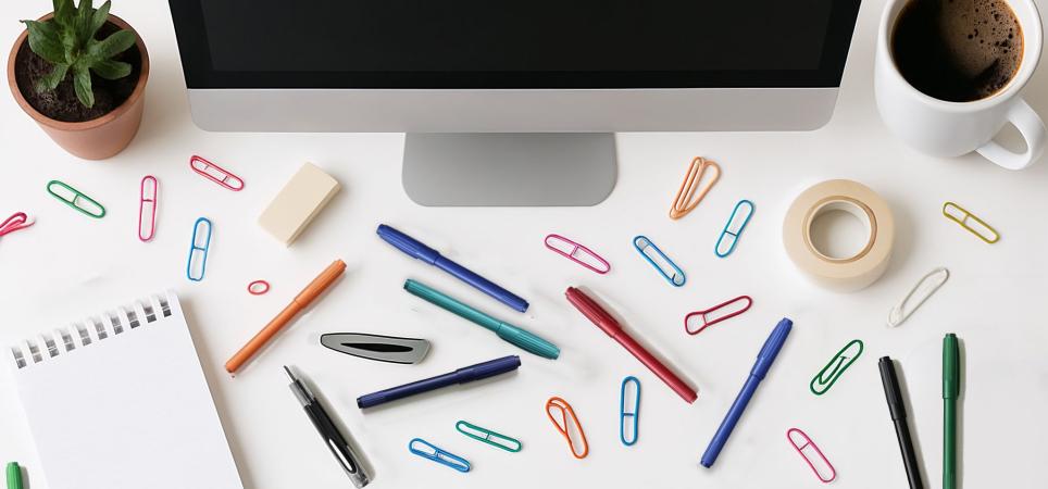 A shot of a messy desk from above