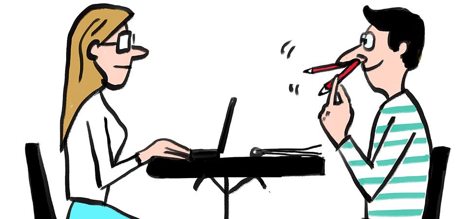 Cartoon of two coworkers sitting across from one another, one sitting up straight and looking professional, the other making a fool of himself