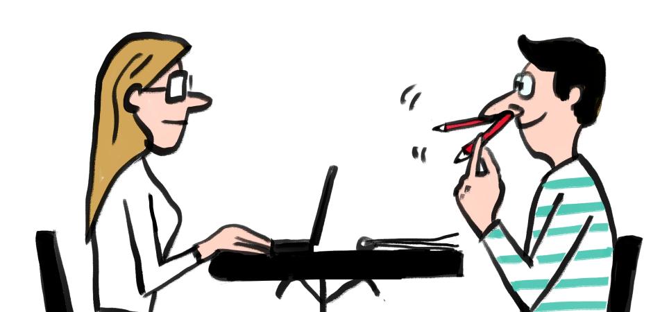 Cartoon of two coworkers sitting across from one another, one sitting up straight and looking professional, the other making a fool of himself