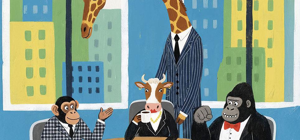 A meeting at the office between many different animals in business attire