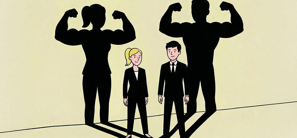 A woman and man stand against a wall, and their shadows flex their strong muscles behind them