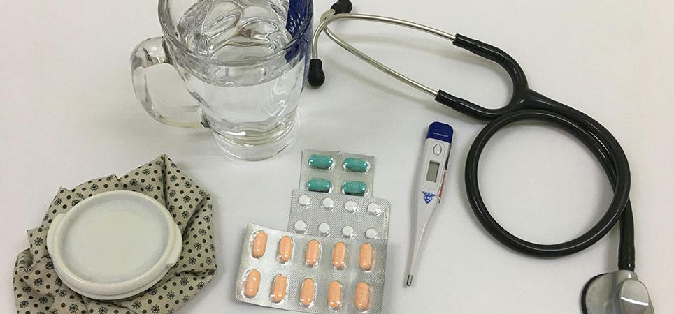 A table full of typical items used by those that are ill