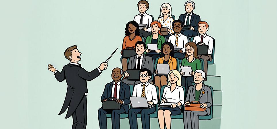  An orchestra conductor stands in front of a business meeting, ready to direct