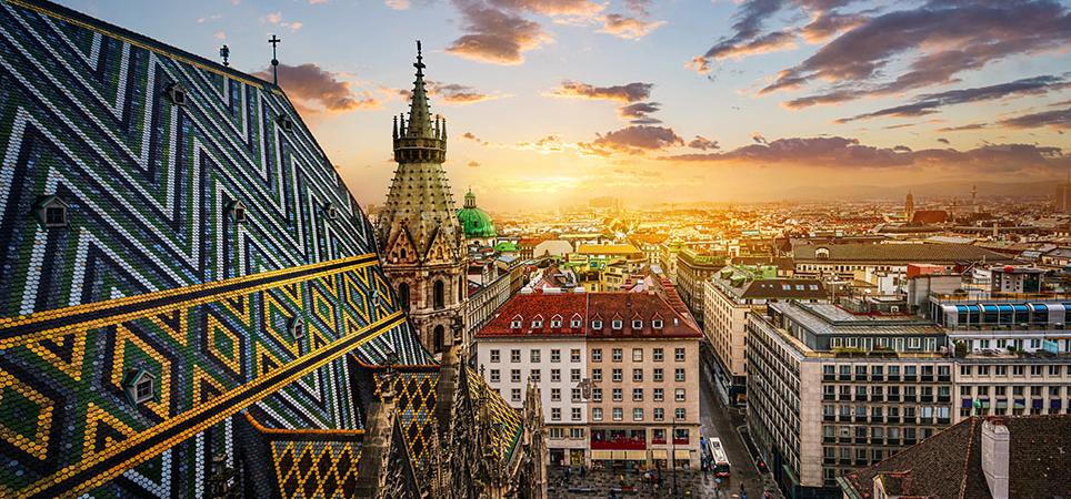 View of Vienna from the roof of St. Stephen's Cathedral, Vienna, Austria. St. Stephen's Cathedral is a symbol and landmark of the city of Vienna.