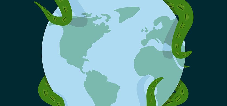 Octopus tentacles wrapped around planet Earth