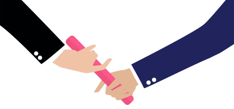 Businessman hand passing the baton in a relay race. Partnership or teamwork concept 