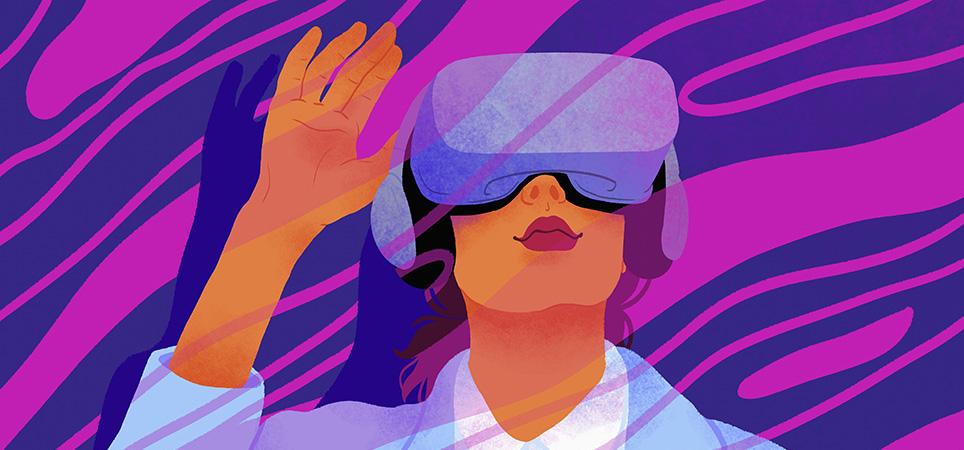 Drawing of a curious businesswoman using a VR headset