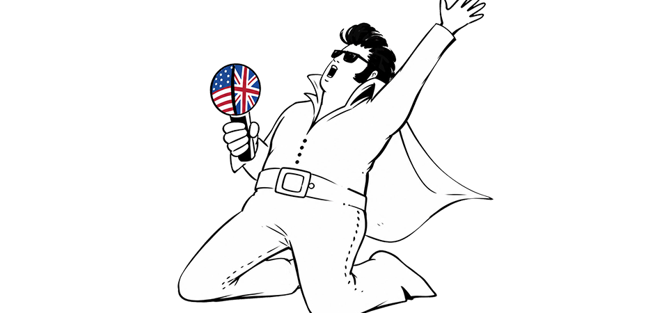 A drawing of Elvis on his knees, singing loudly into a microphone decorated in the US and British flags