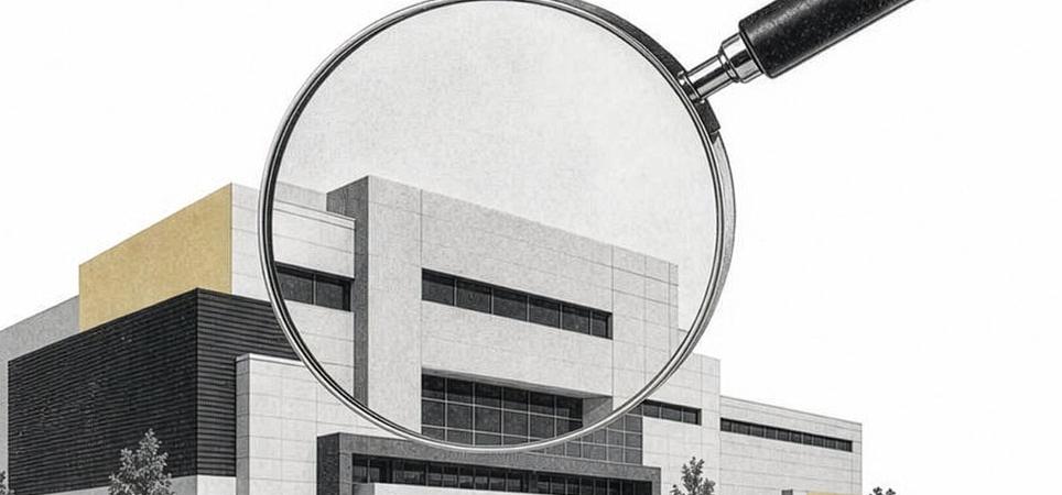An illustration of a magnifying glass focused in on an office building
