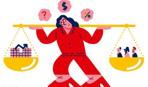 Illustration: Frau balanciert verschiedene Symbole in einer Waagschale