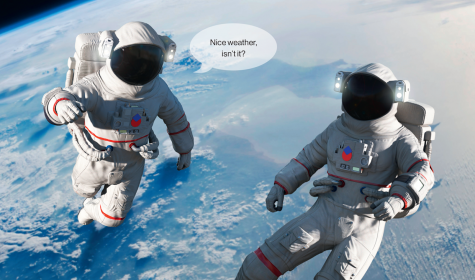 Zwei Astronauten auf einem Weltraumspaziergang unterhalten sich