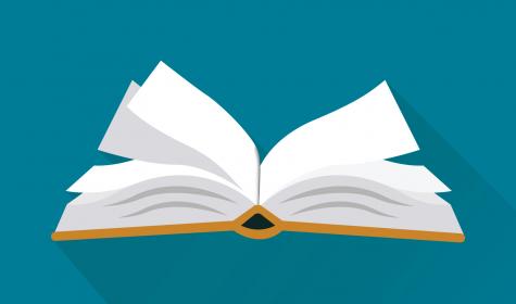 a picture of an open book on a teal background