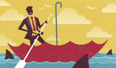 An illustration of a man in a boat surrounded by sharks