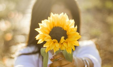 woman holding a sunflower to the camera