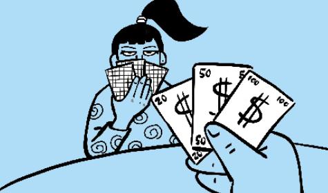 Two people playing cards, not disclosing their hand full of cards with different dollar amounts