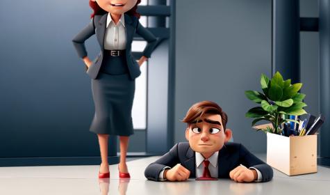 "Gefeuert" one office worker standing over another who was fired