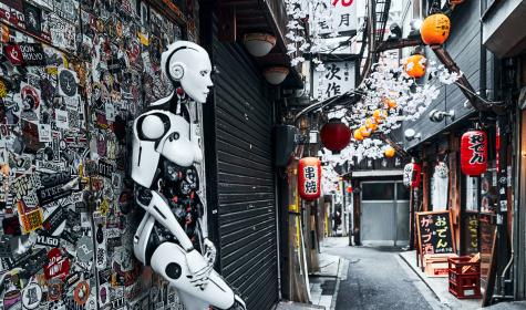 Robot up against a wall in a side alley