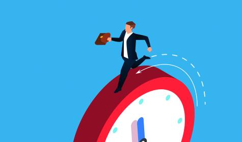 a man in a suit running on a red clock