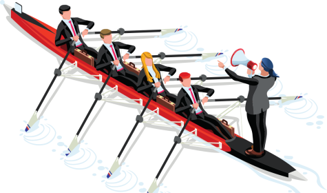 manager shouting to a rowing crew dressed in suits and working together to row forward
