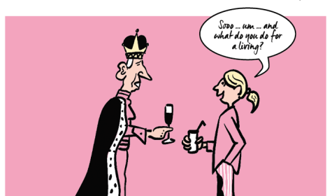 A lady making small talk with the King of England