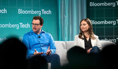 Dario Amodei, co-founder and chief executive officer of Anthropic, left, and Daniela Amodei, co-founder and president of Anthropic, during the Bloomberg Technology Summit in San Francisco