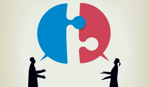 a woman and a man speaking with each other and their dialogue boxes are puzzle pieces which do not fit